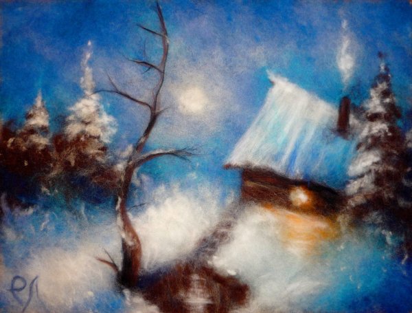 Живопись шерстью домик в лесу