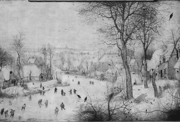 Питер брейгель зимний пейзаж с конькобежцами и ловушкой для птиц
