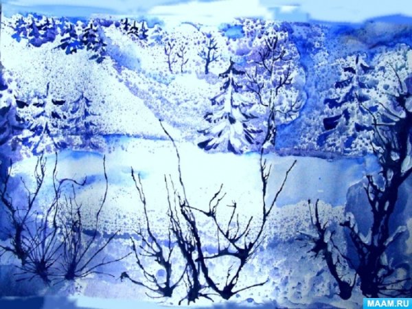 Монотипия Пейзажная зима