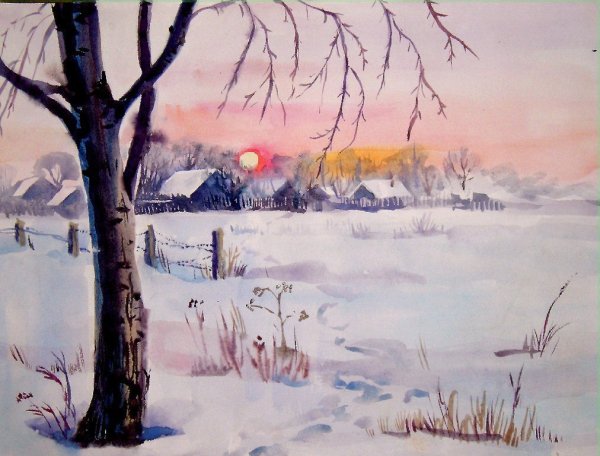 Зимний пейзаж гуашью