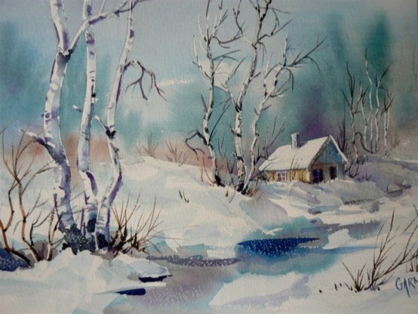 Зима природа живопись акварель