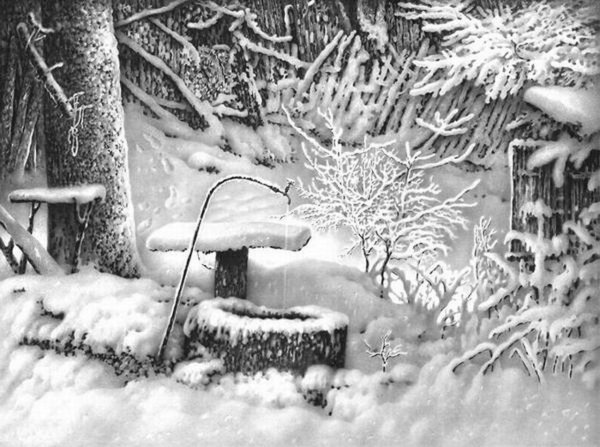 Пейзаж зимы карандашом