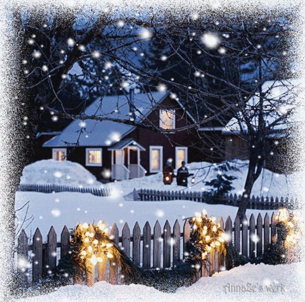 Анимация домик в деревне зимой