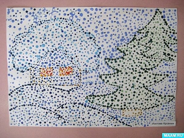 Зимний пейзаж в технике пуантилизм