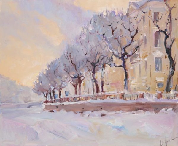 Зимний городской пейзаж гуашью