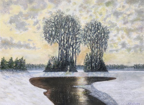 Зимний пейзаж пастелью сухой