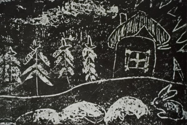 Зимний пейзаж в технике граттаж