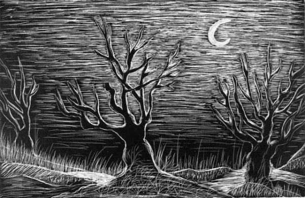 Ночной город в технике граттаж