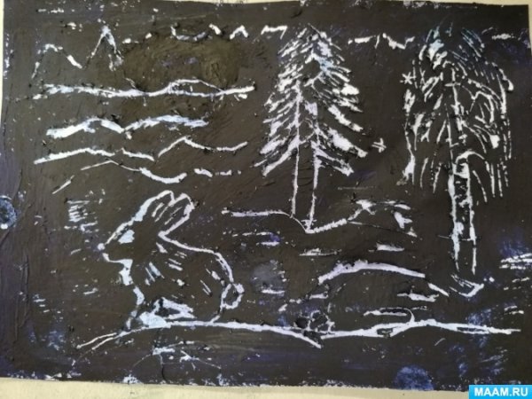 Рисование граттаж горы зима