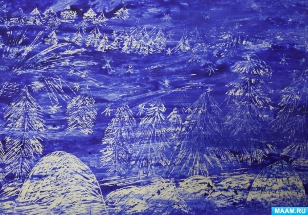 Граттаж зимний пейзаж