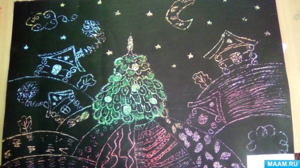 Рисование Вечерний город граттаж