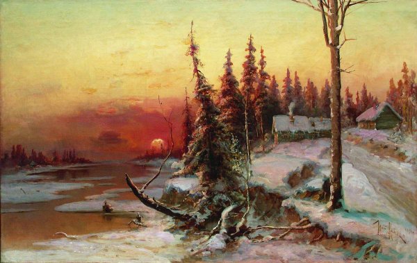 Ю. Клевер «зимний пейзаж с избушкой» 1899