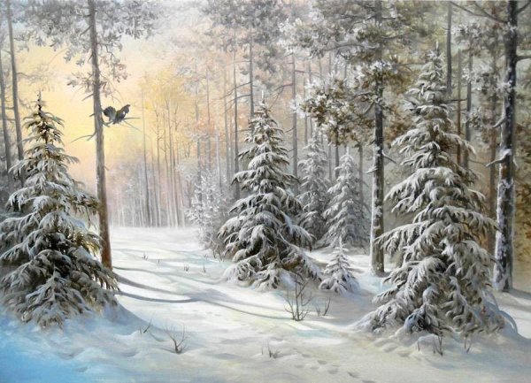 Зимний пейзаж гуашью