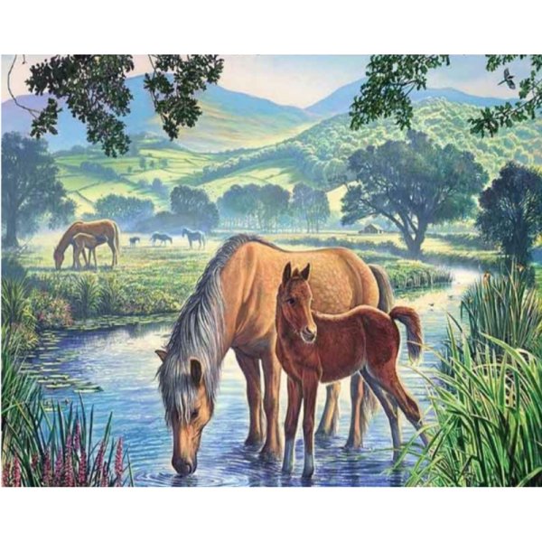 Картина по номерам "лошади у ручья" схема