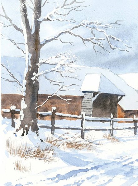 Зимняя деревня гуашью
