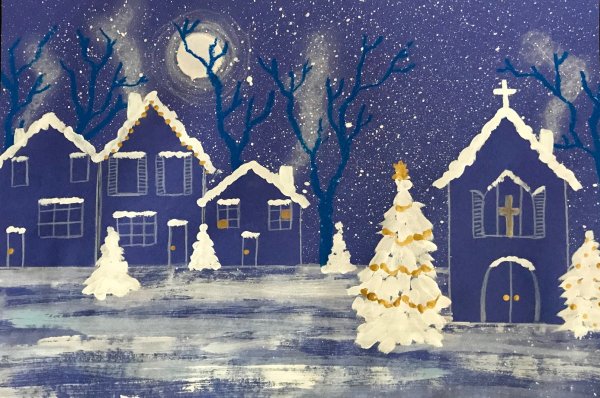 Ночной зимний пейзаж гуашью