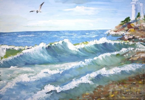 Пейзаж моря гуашью