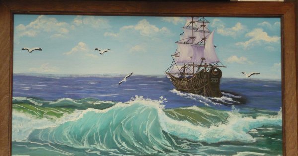 Корабль в море гуашью