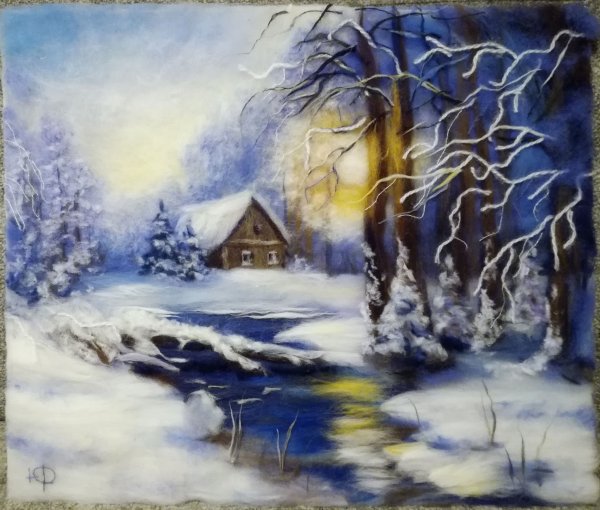 Шерстяная живопись зимний пейзаж