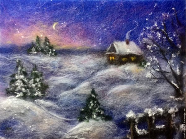 Живопись шерстью зимний пейзаж