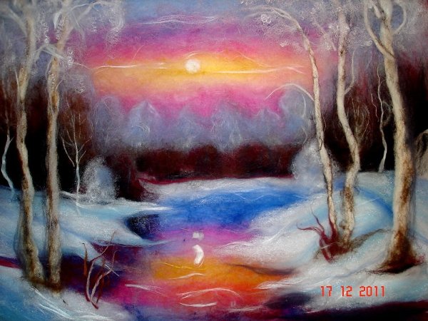 Шерстяная живопись зимний пейзаж