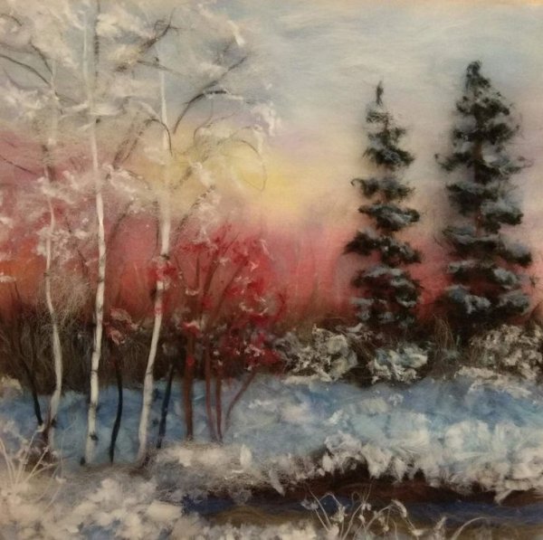 Картина из шерсти зимняя ночь