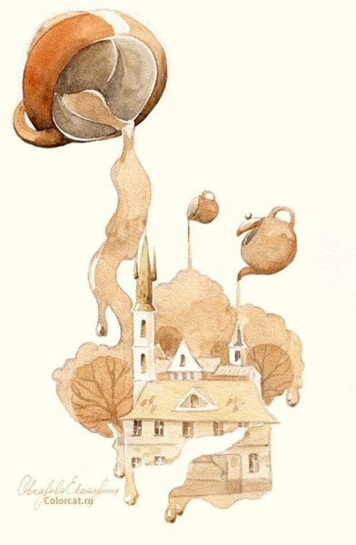 Павич пейзаж нарисованный чаем