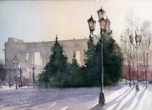 Зимний городской пейзаж акварелью
