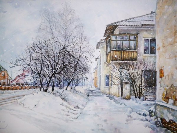 Зимний город акварель