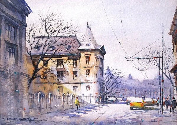 Зимний городской пейзаж акварелью