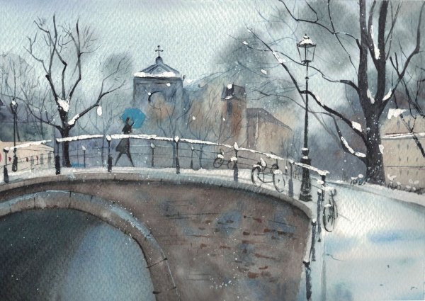 Зимний городской пейзаж акварелью