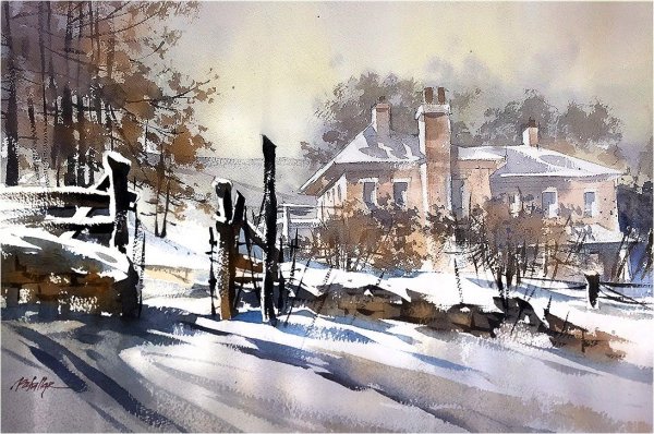 Художник Томас Шаллер акварель зима пейзажи