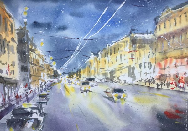 Зима в городе акварель