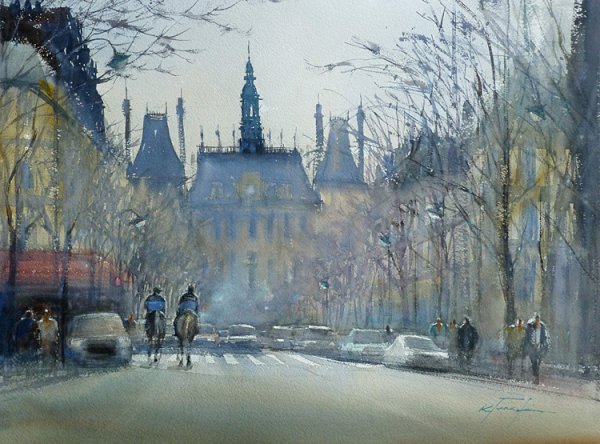 Зимний городской пейзаж акварелью