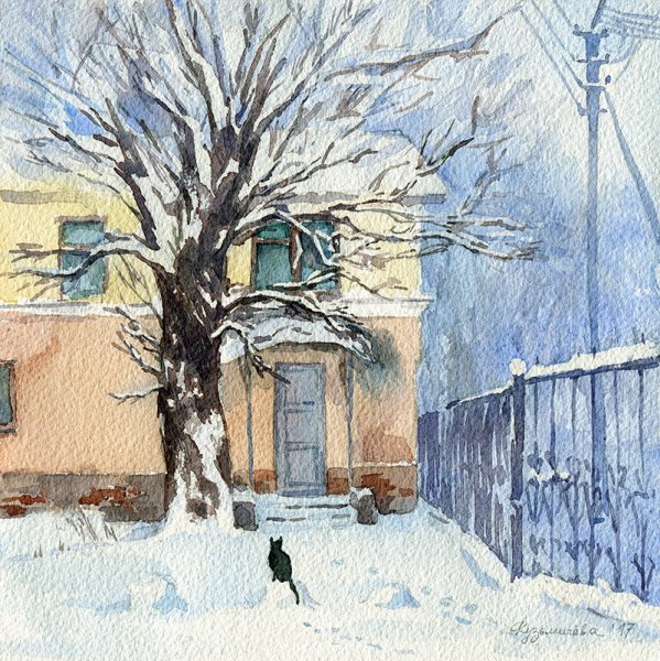 Зима в городе акварель