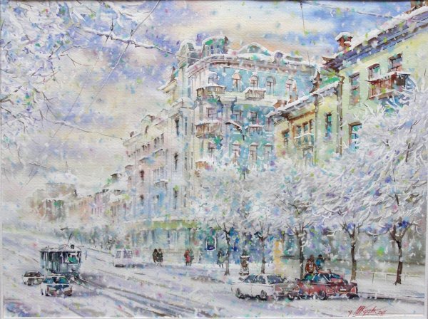 Зима в городе акварель