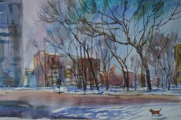 Ранняя Весна в городе акварель