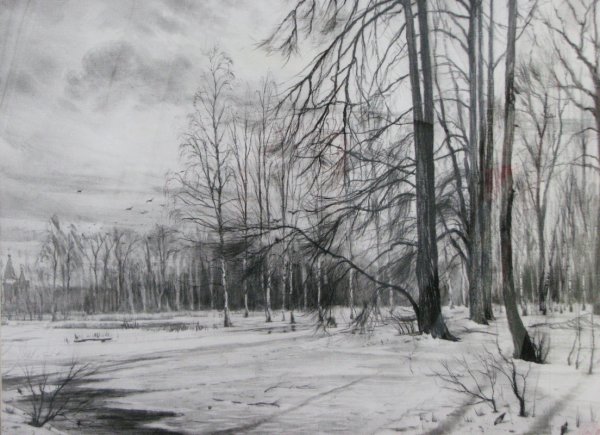Зимний пейзаж сухой кистью