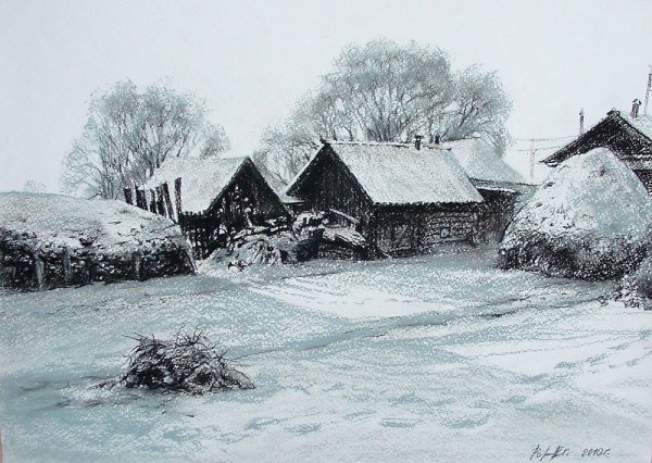 Зимний пейзаж углем