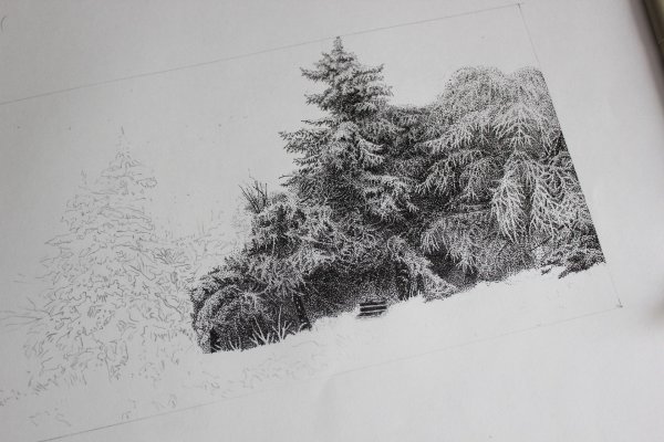 Пейзаж белой гелевой ручкой