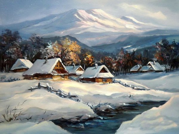 Зимняя деревня акрилом