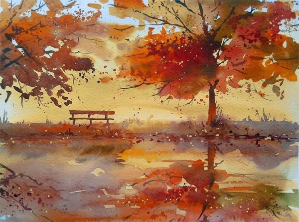 Осенний пейзаж акварелью Татьяна Берг