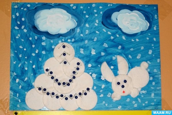 Аппликация из ватных дисков для детей зима