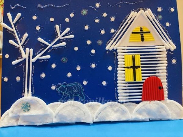 Зимняя аппликация из ватных дисков