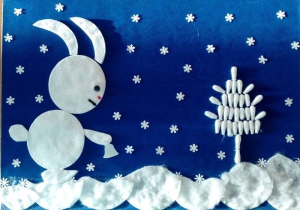 Зимняя аппликация из ватных дисков