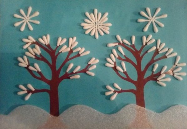 Зимняя аппликация из ватных дисков