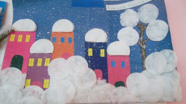 Аппликация из ватных дисков зима