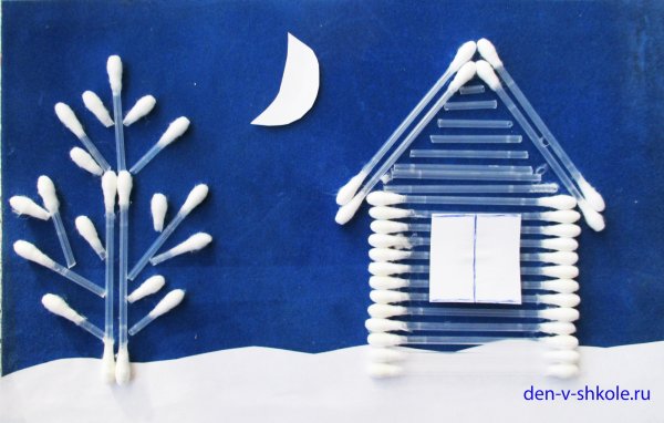 Аппликация из ватных дисков на тему зима