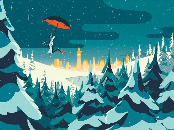 Зимний пейзаж в стиле флэт