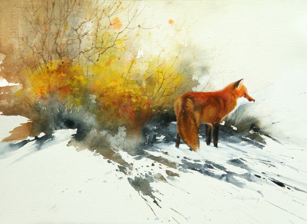 Картина лиса в зимнем лесу